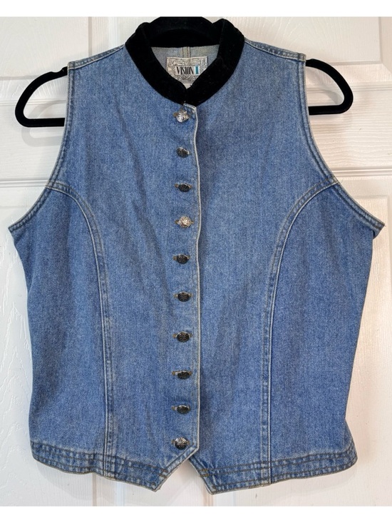 Vintage Jackets & Blazers - Vintage 90s Friends 90210 Denim Vest With Black Velvet Collar Large